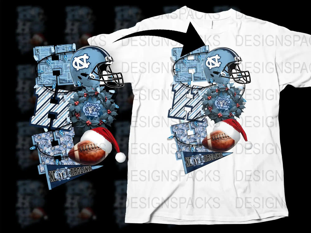 UNC Tar Heels Football T-Shirt, Christmas Santa Hat Design, Festive College Sports Apparel