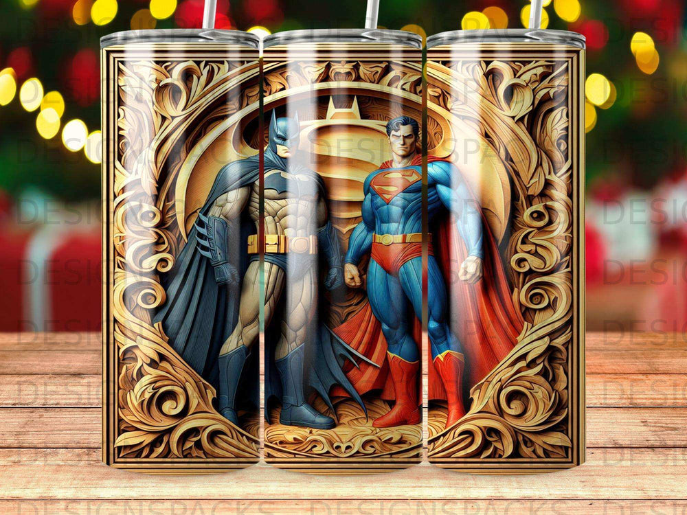 Batman and Superman stand within an ornate golden frame on a tumbler design.