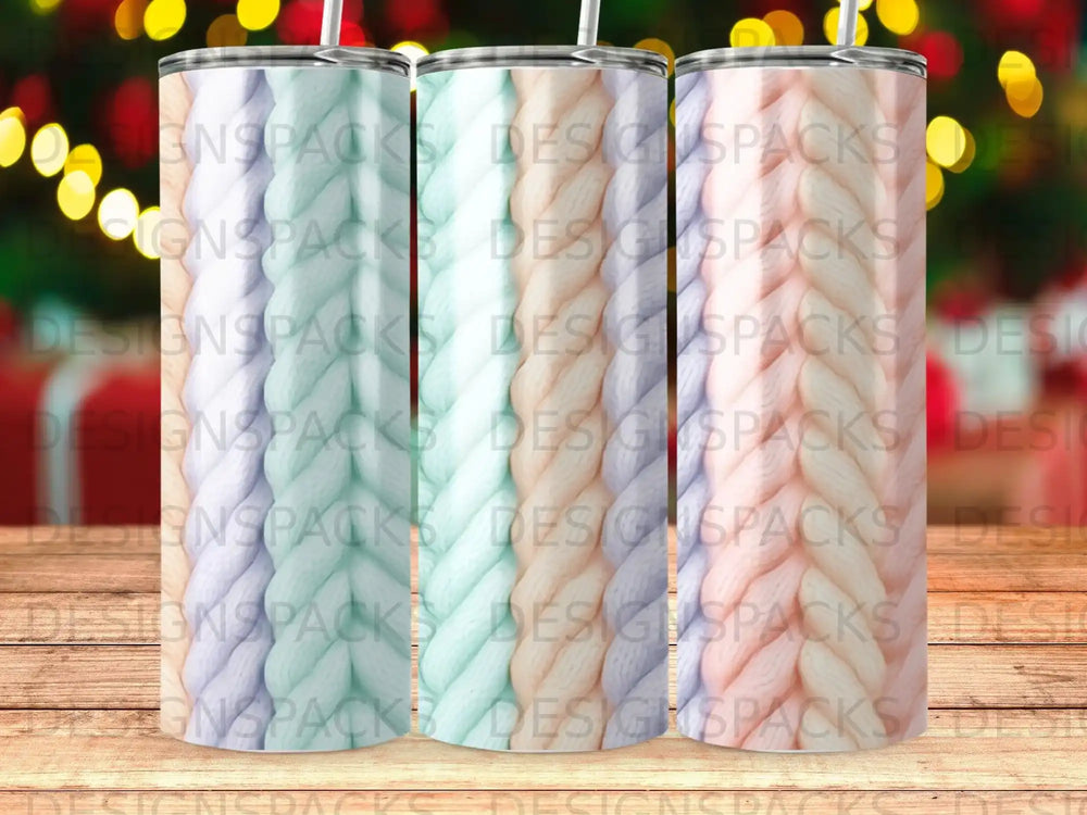 Three patterned tumblers with knit-like design and branded text.