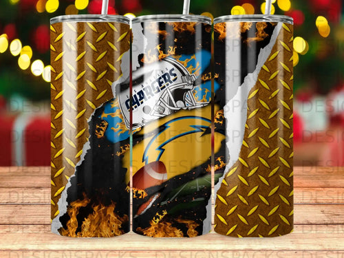 Los Angeles Chargers football team logo with flames on a ripped metal textured tumbler.