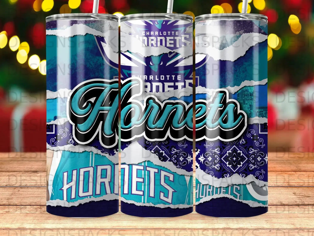 Charlotte Hornets logo and team name on a torn paper effect background.