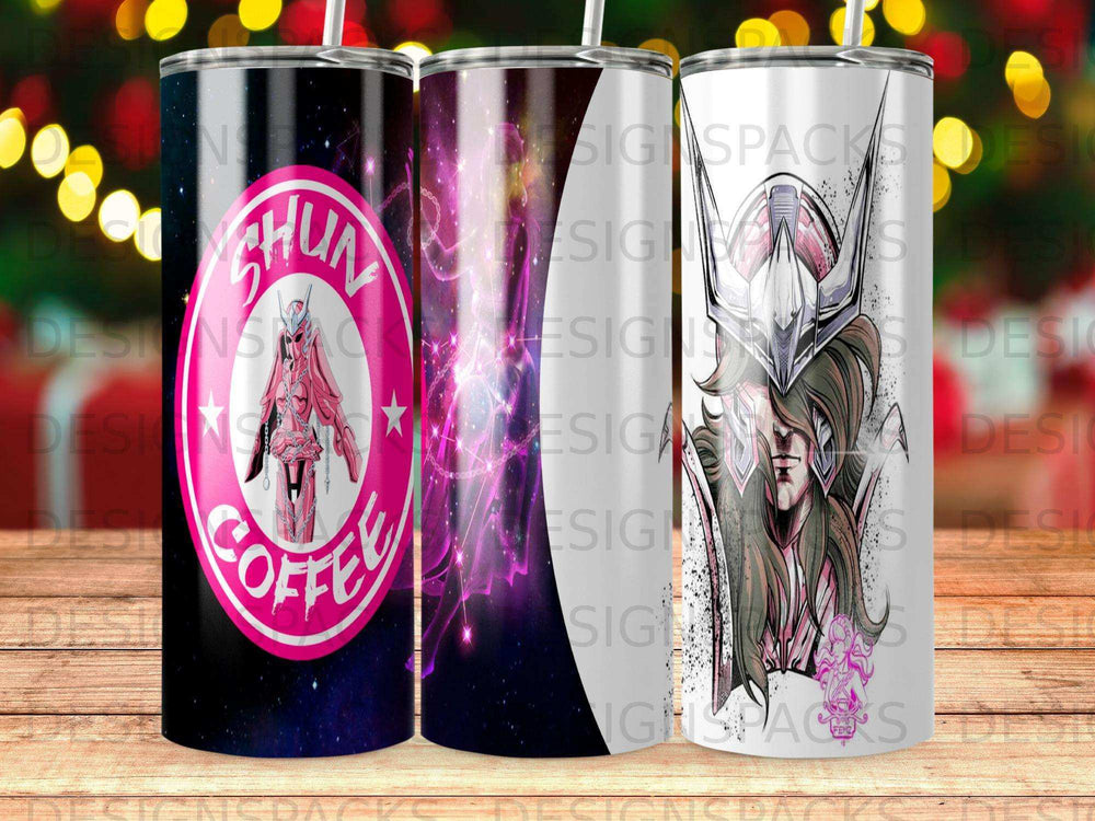 Tumbler with pink star, "Shun Coffee" text, and anime warrior.