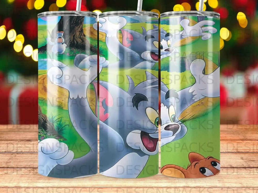 Tom and Jerry characters on a patterned tumbler with green and yellow bokeh background.
