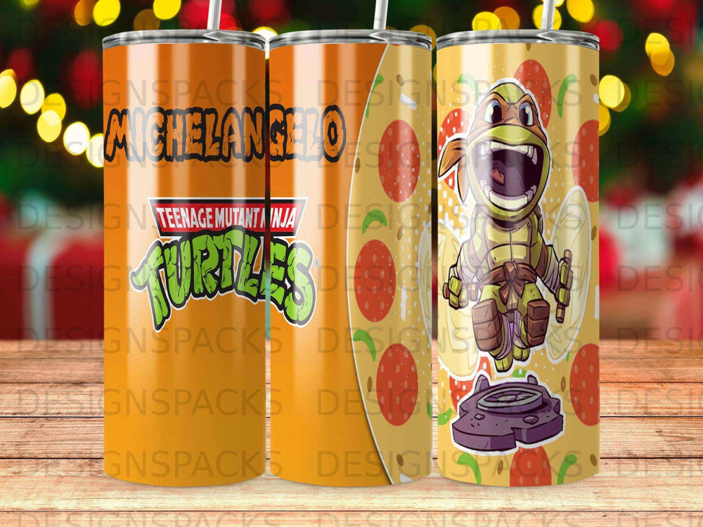 Michelangelo Teenage Mutant Ninja Turtle on a tumbler with pizza.