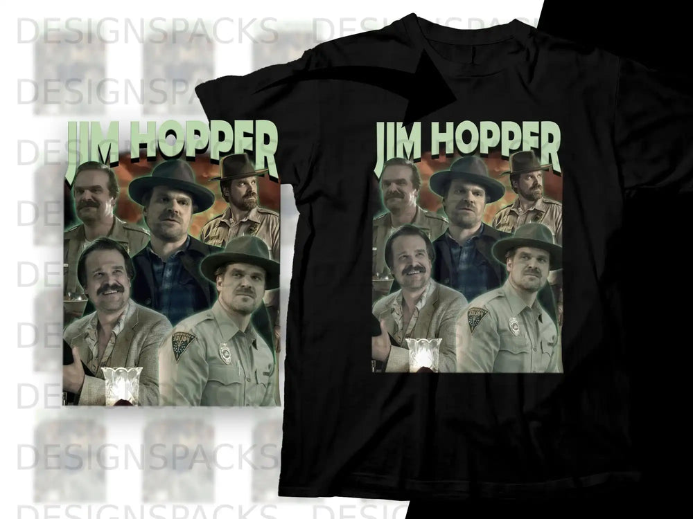 Jim Hopper collage with "JIM HOPPER" text on black t-shirt.