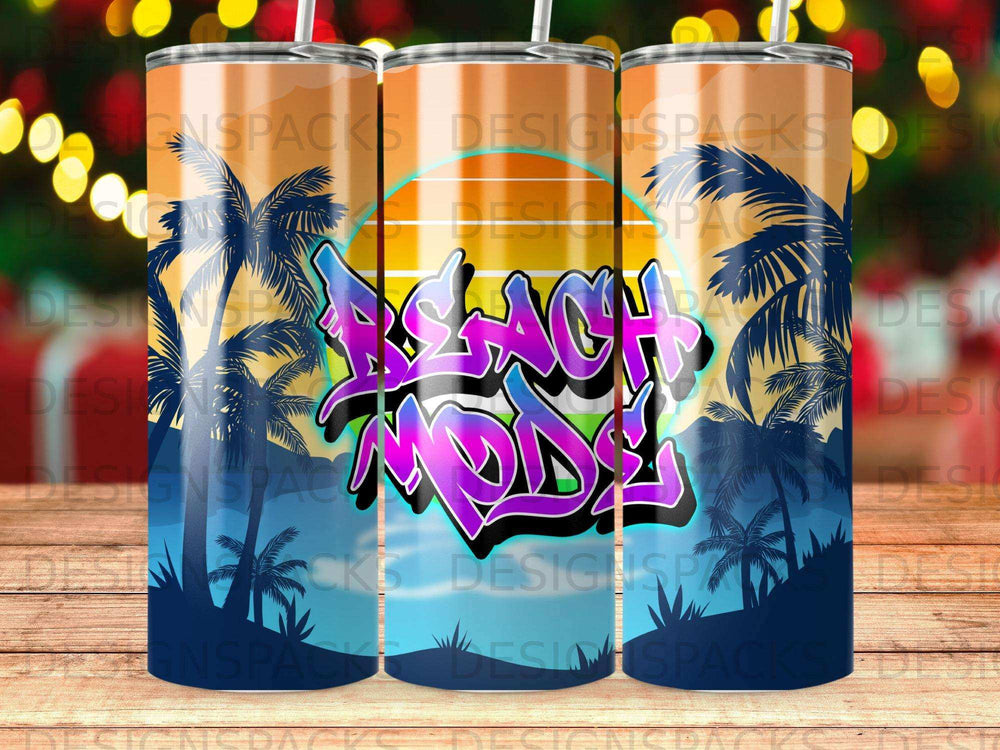 Beach Mode graffiti text on tumbler with palm trees and sunset background.