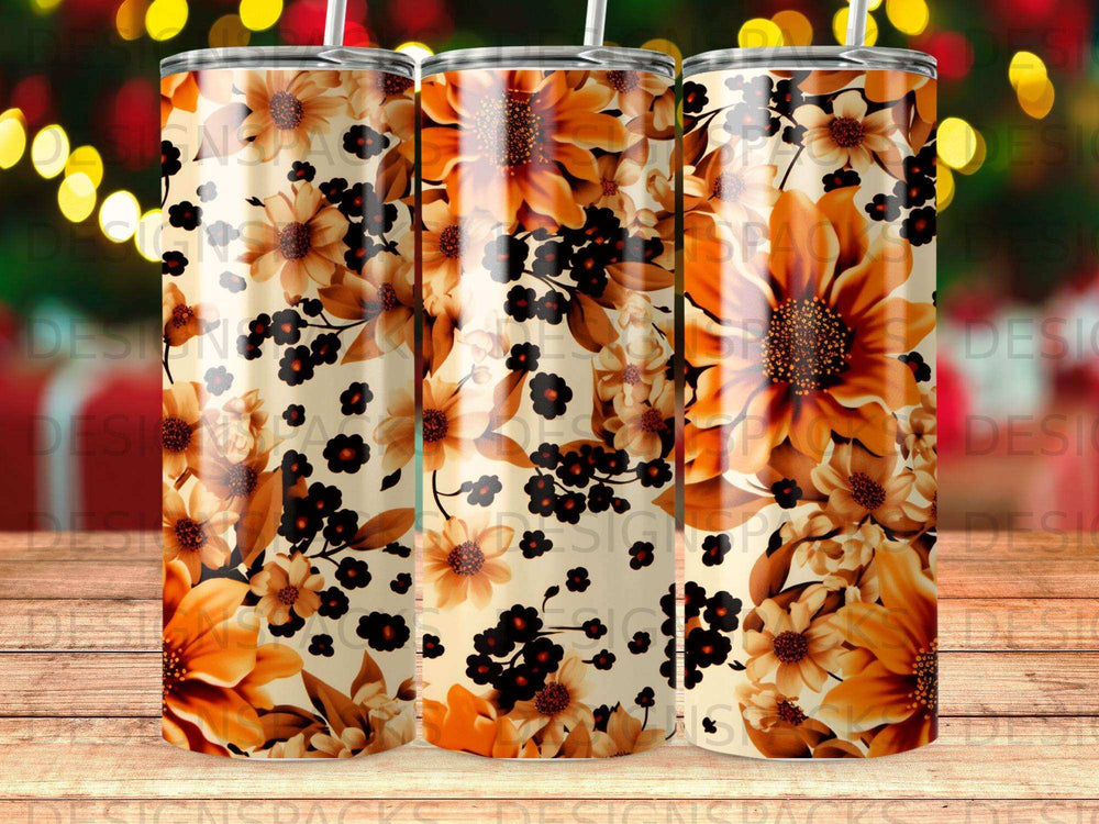 Tumbler with seamless pattern of orange and brown floral blooms and berries.