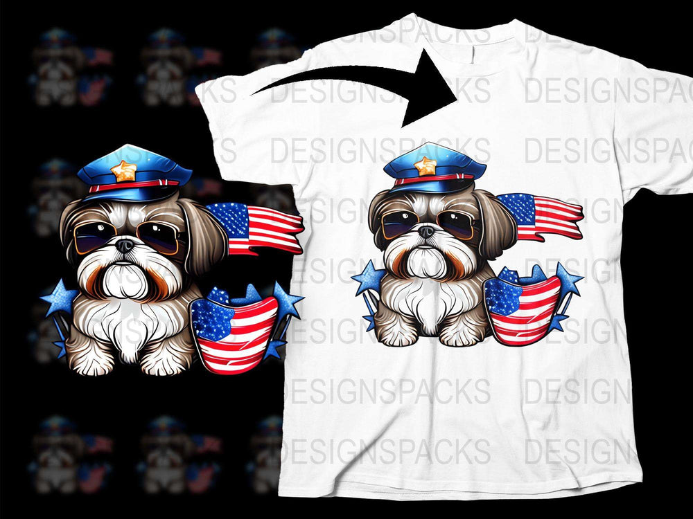 Patriotic Shih Tzu Dog T-Shirt, American Flag Police Hat, Cute Animal Graphic Tee, Unisex Fashion