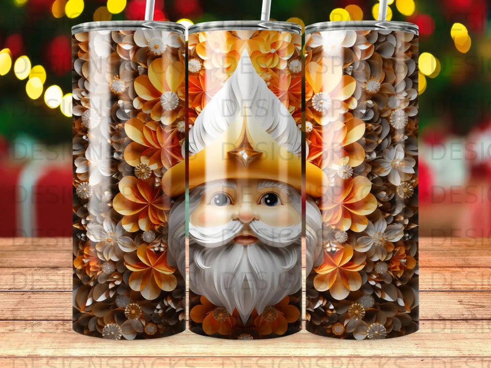 Santa Claus head surrounded by orange and brown floral pattern.