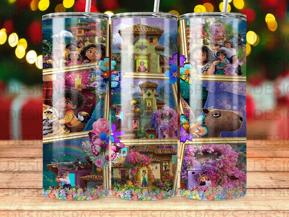 Collage of characters from Encanto on a patterned tumbler.