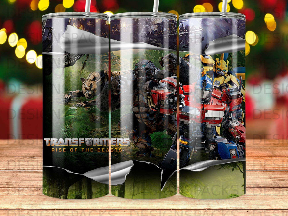 Transformers: Rise of the Beasts movie art with Optimus Prime and Bumblebee.