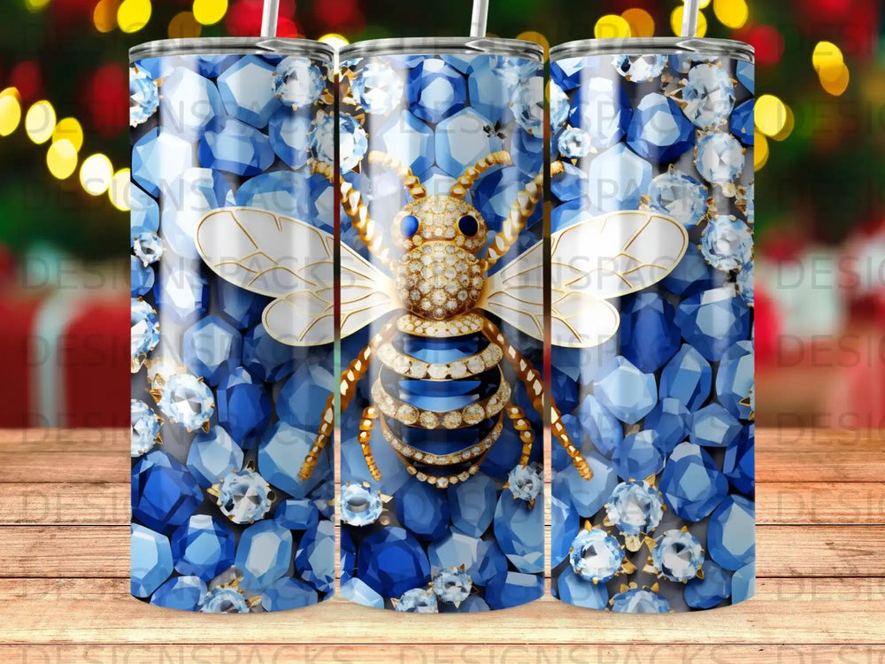 Bee with blue gem accents on a tumbler design.