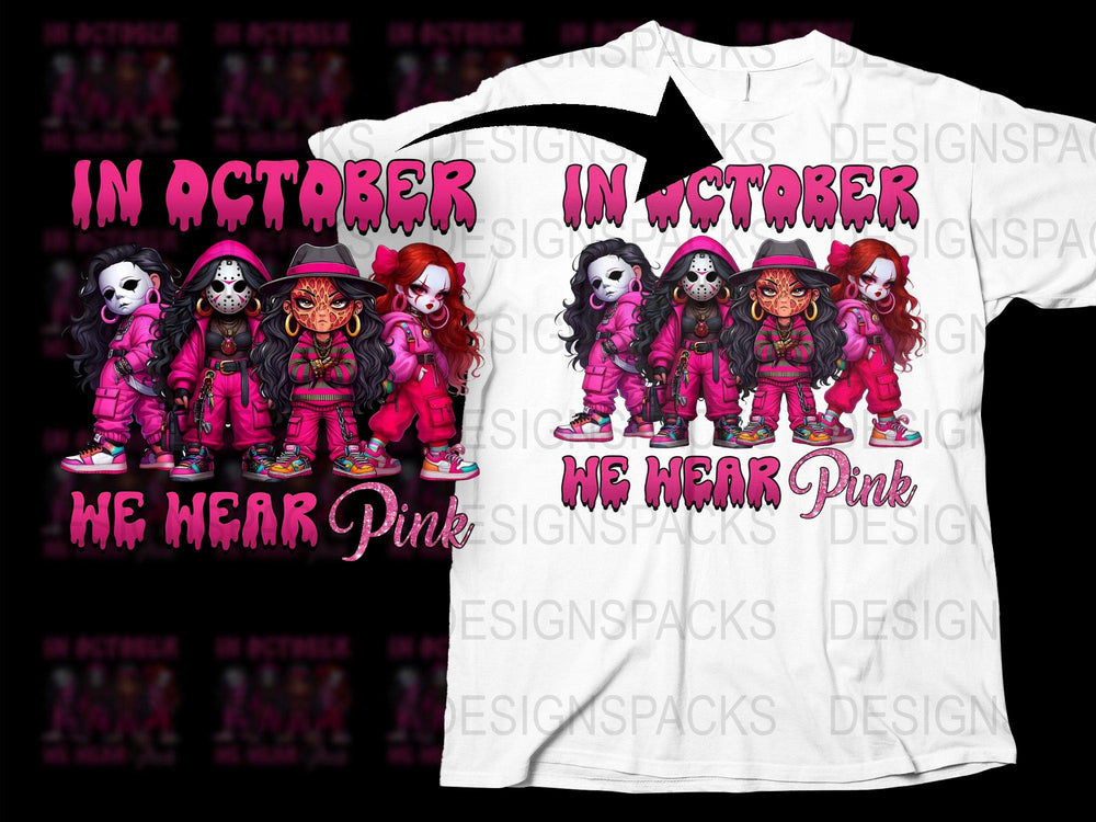 Halloween Themed T-Shirt 'In October We Wear Pink' Horror Character Design Tee