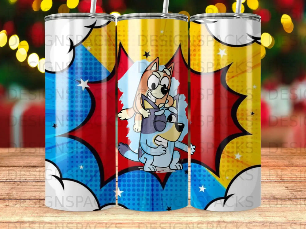 Bluey and Bingo characters on a colorful, comic-book-style tumbler.