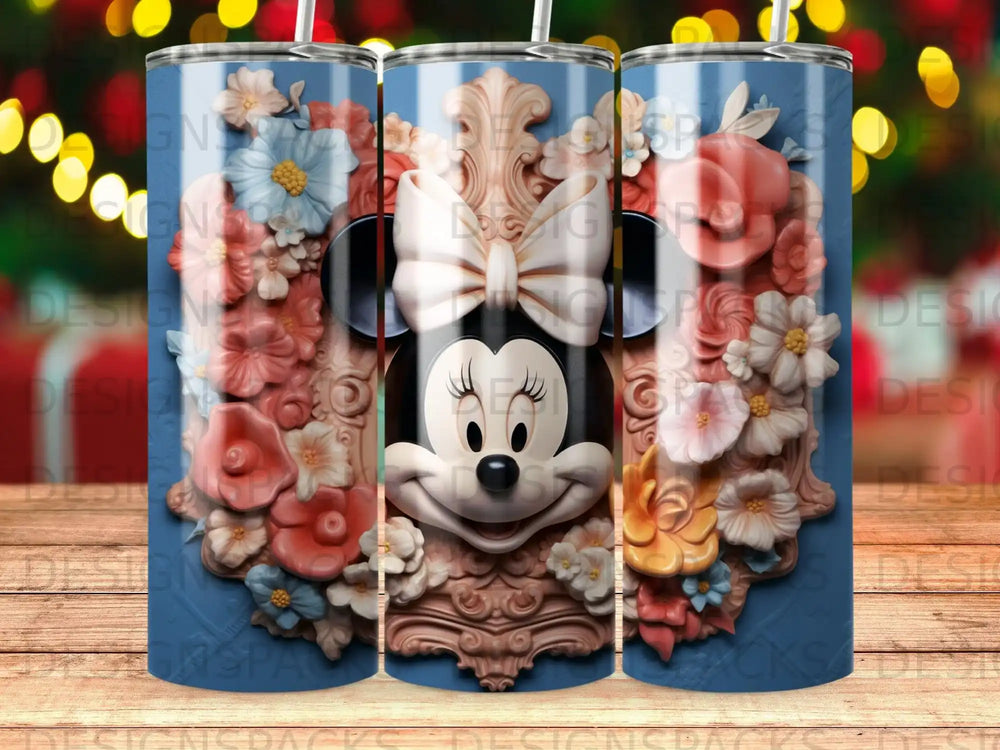 Minnie Mouse with floral accents on a blue striped background.
