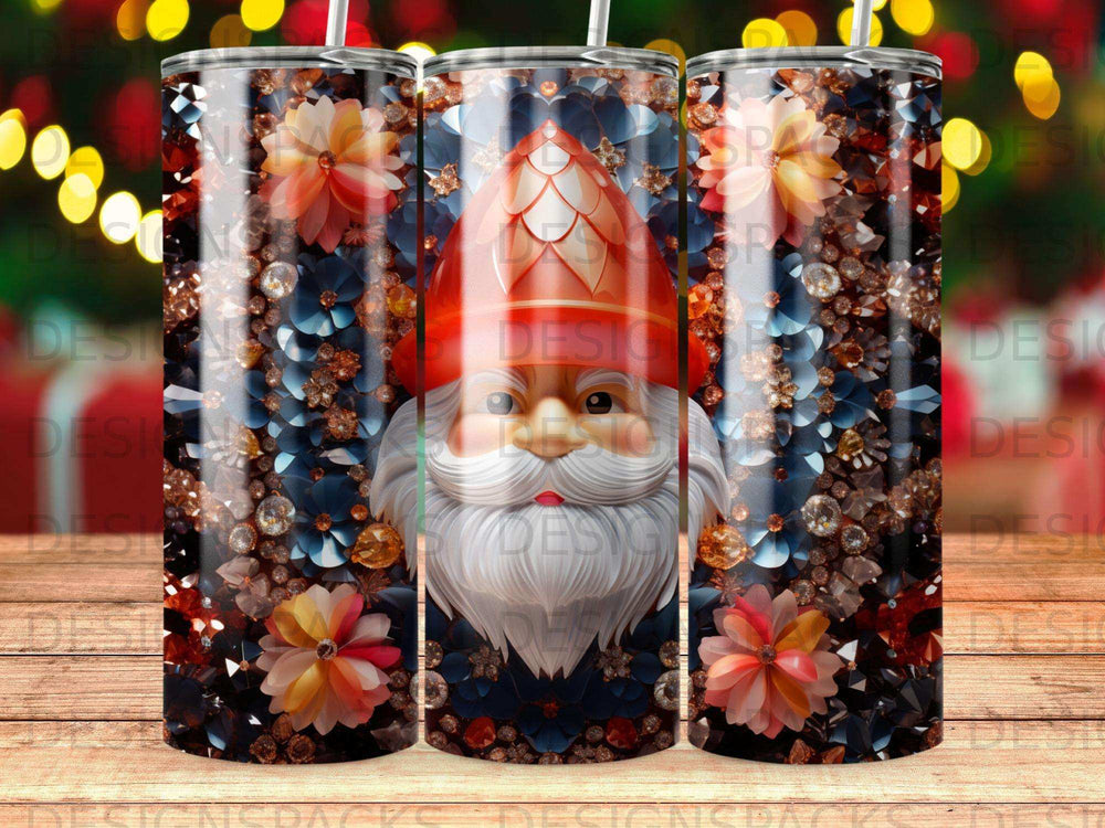 Santa Claus with floral and jewel accents on a tumbler.