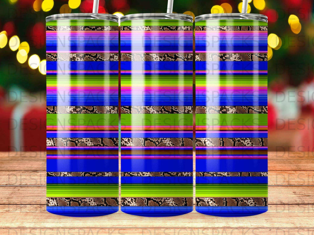 Tumbler with blue, green, and purple stripes and snake print accents.