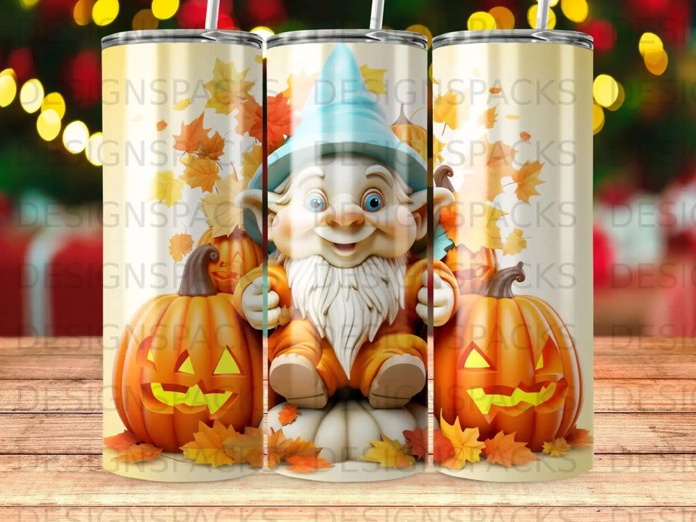 Gnome with pumpkins and autumn leaves, digital illustration.