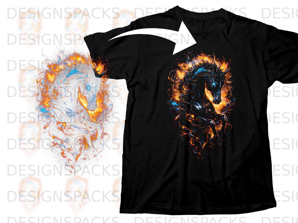 Black t-shirt featuring a fiery black horse design with glowing blue eyes.
