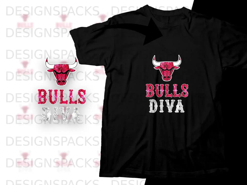 Black t-shirt with a pink and white "Bulls Diva" graphic and bull logo.