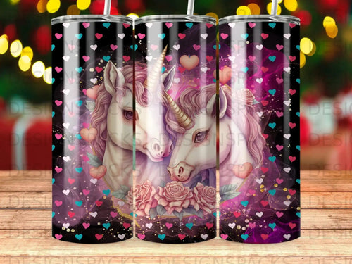 Two unicorns with pink roses and hearts on a dark background.
