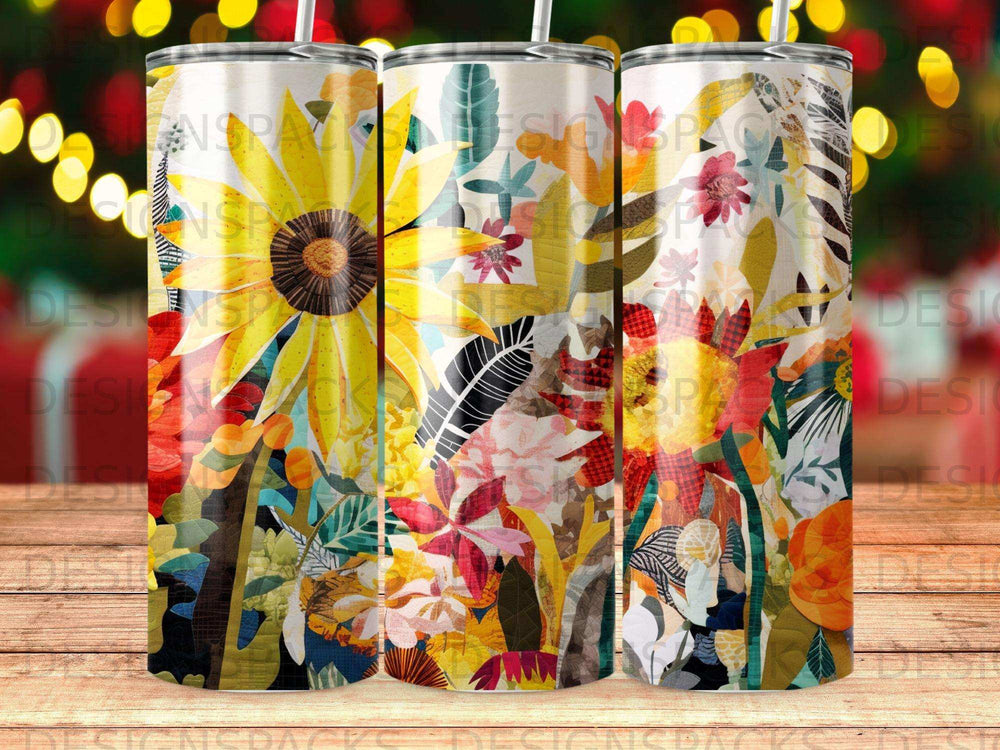 Collage of sunflowers and colorful flowers on a tumbler wrap.