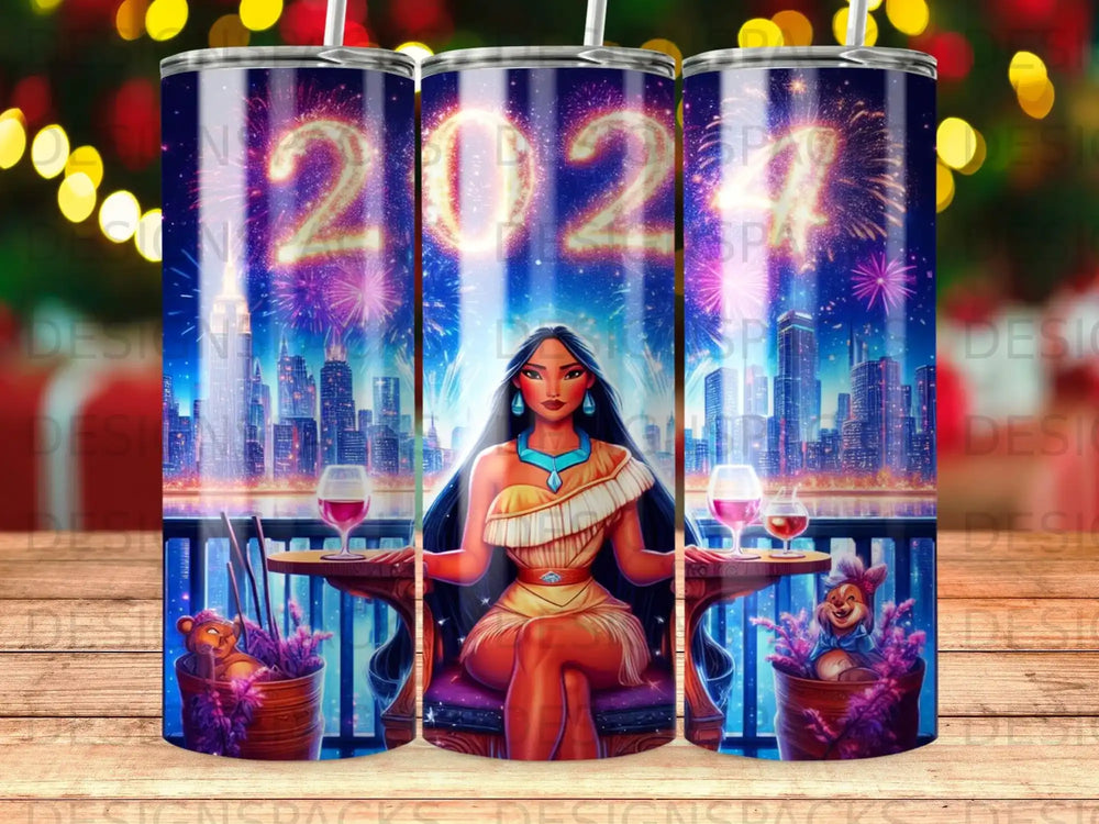 Disney's Pocahontas sits at a table overlooking city fireworks, with wine glasses.