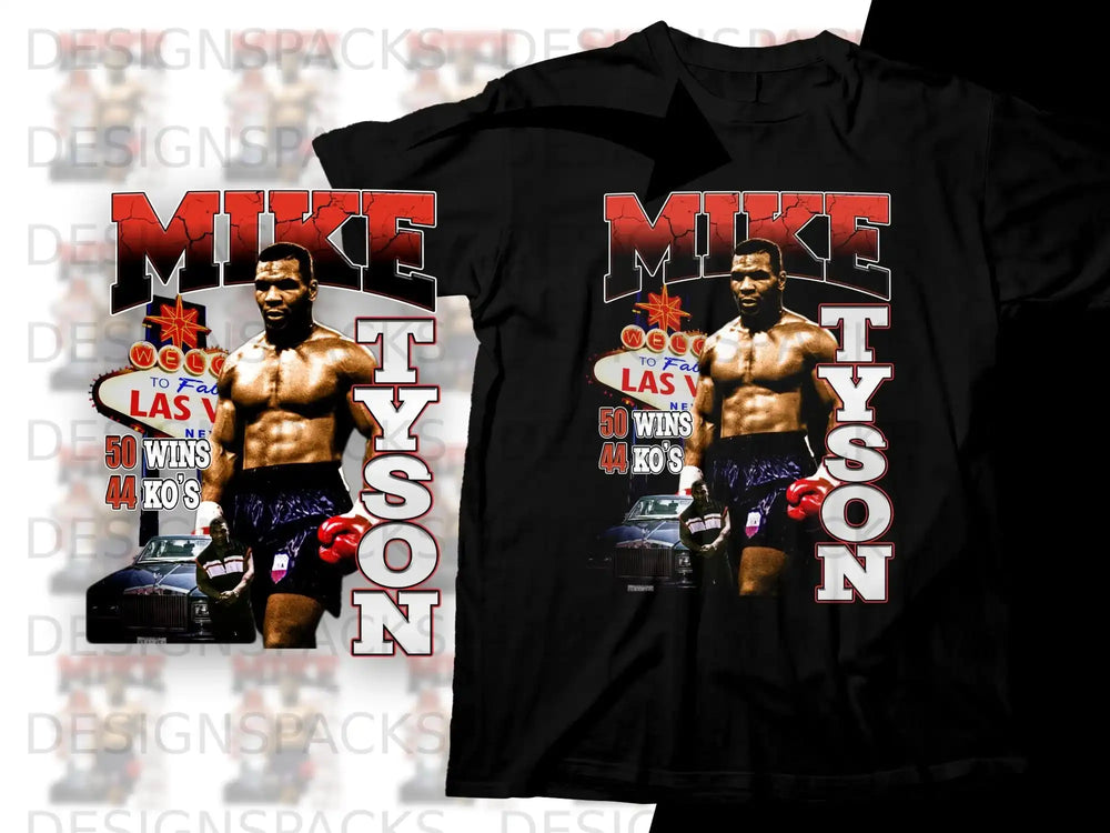 Mike Tyson graphic tee with boxing trunks, gloves, and car.