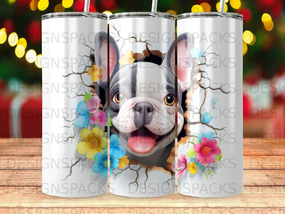 Bulldog's face peeking through cracked wall with colorful flowers.