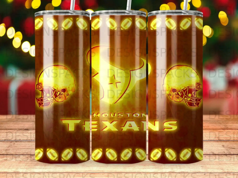 Houston Texans logo and team name on a football textured tumbler.