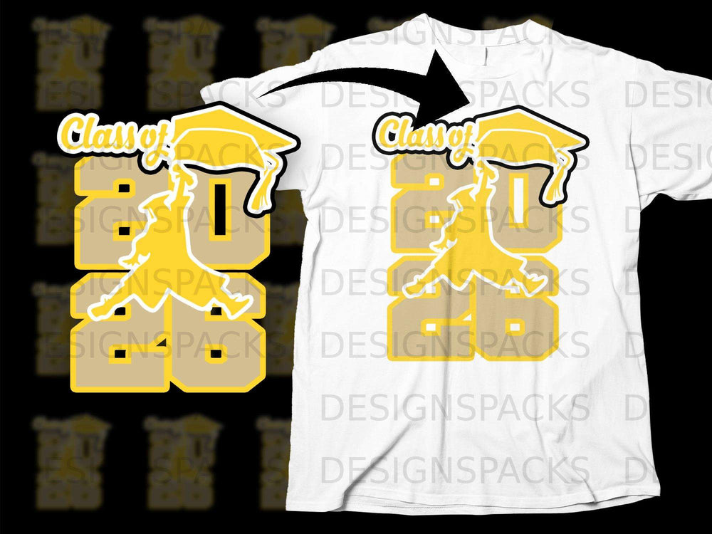 Class of 2026 graduation design with cap and gown on white t-shirt mockup.