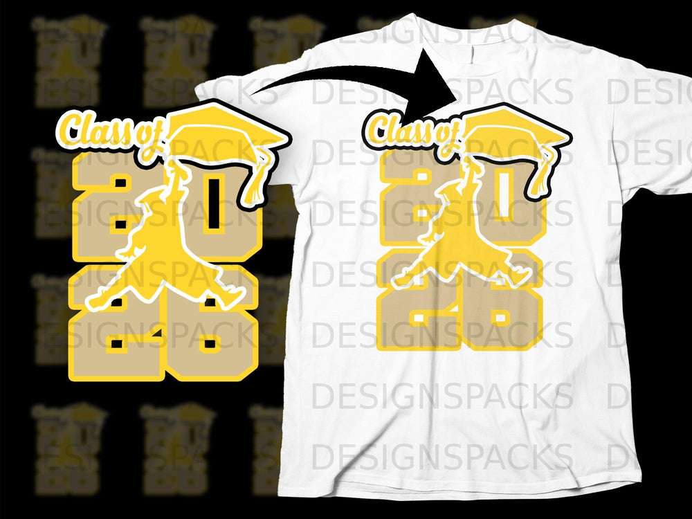 Class of 2026 graduation design with cap and gown on white t-shirt mockup.
