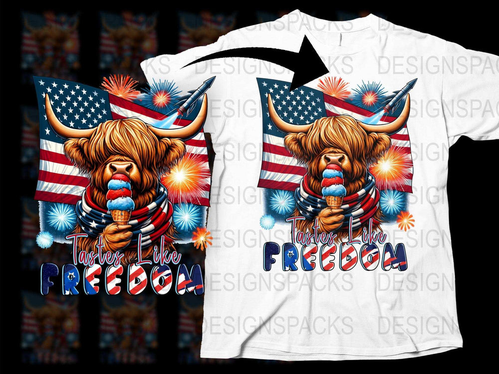 Patriotic Highland Cow T-Shirt, USA Flag Colors, 4th of July, Independence Day Apparel, Funny Animal Tee, Unique Summer Outfit