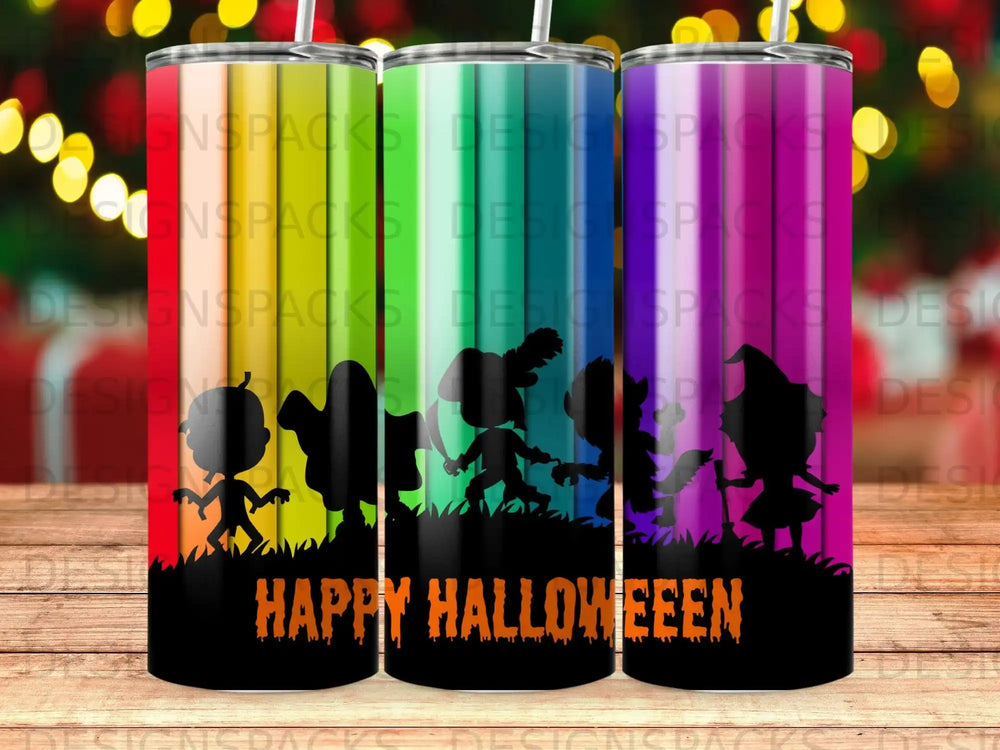Three tumblers with Halloween silhouettes and "Happy Halloween" text.