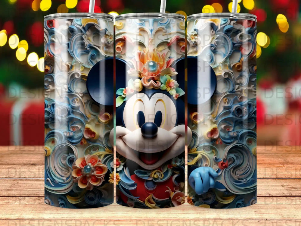 Mickey Mouse peeking through a floral, swirling blue and gold ornate background.