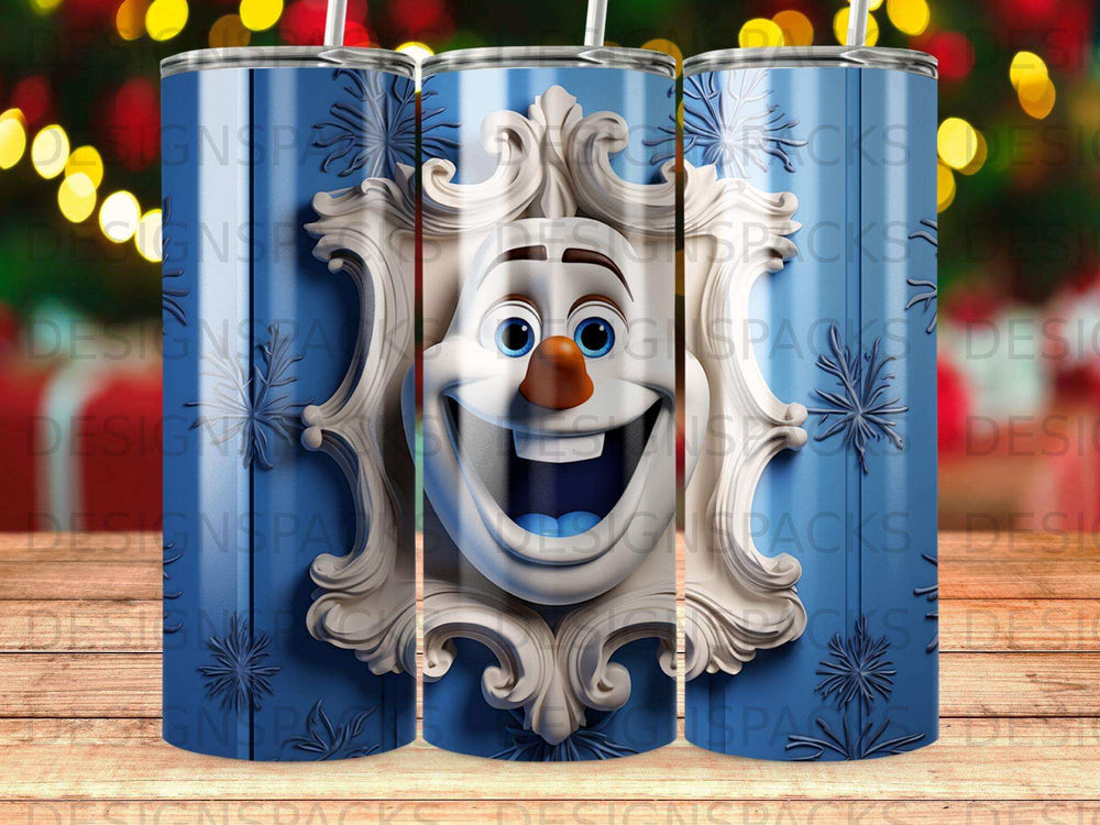 Olaf the snowman in a carved blue frame, on a blue tumbler.