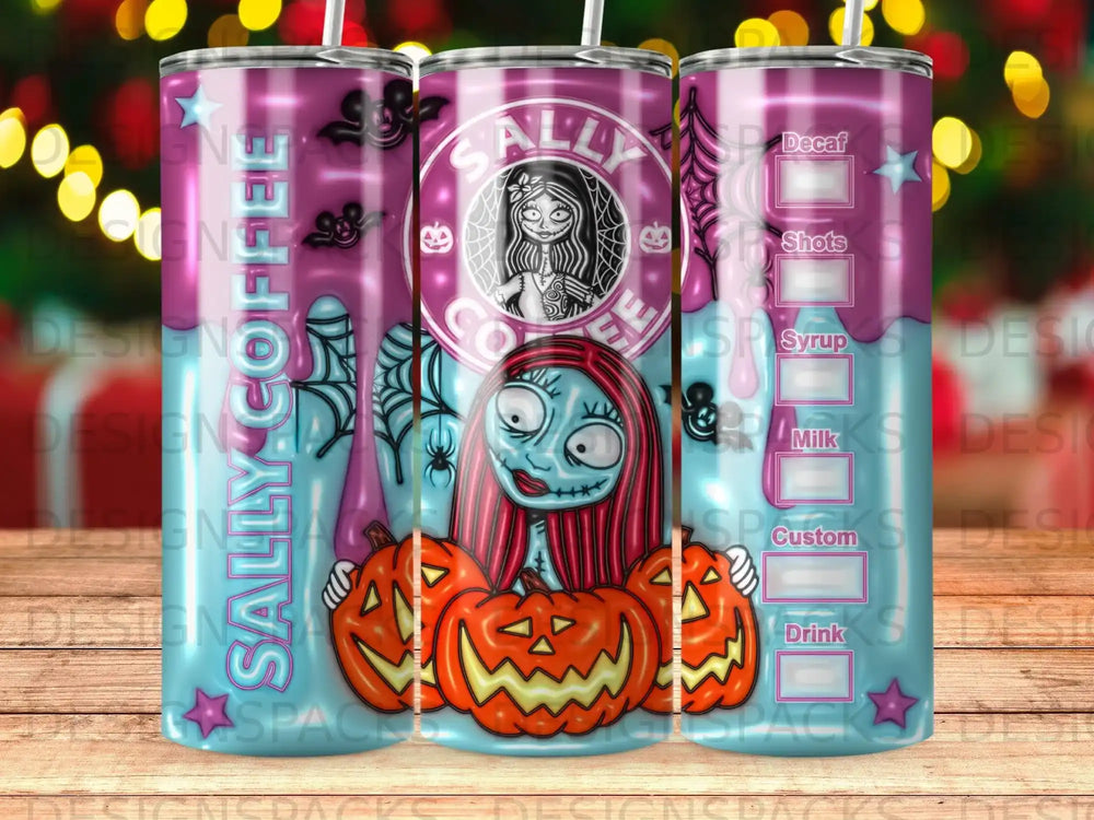 Sally's Coffee tumbler with Jack Skellington, pumpkins, and text labels.