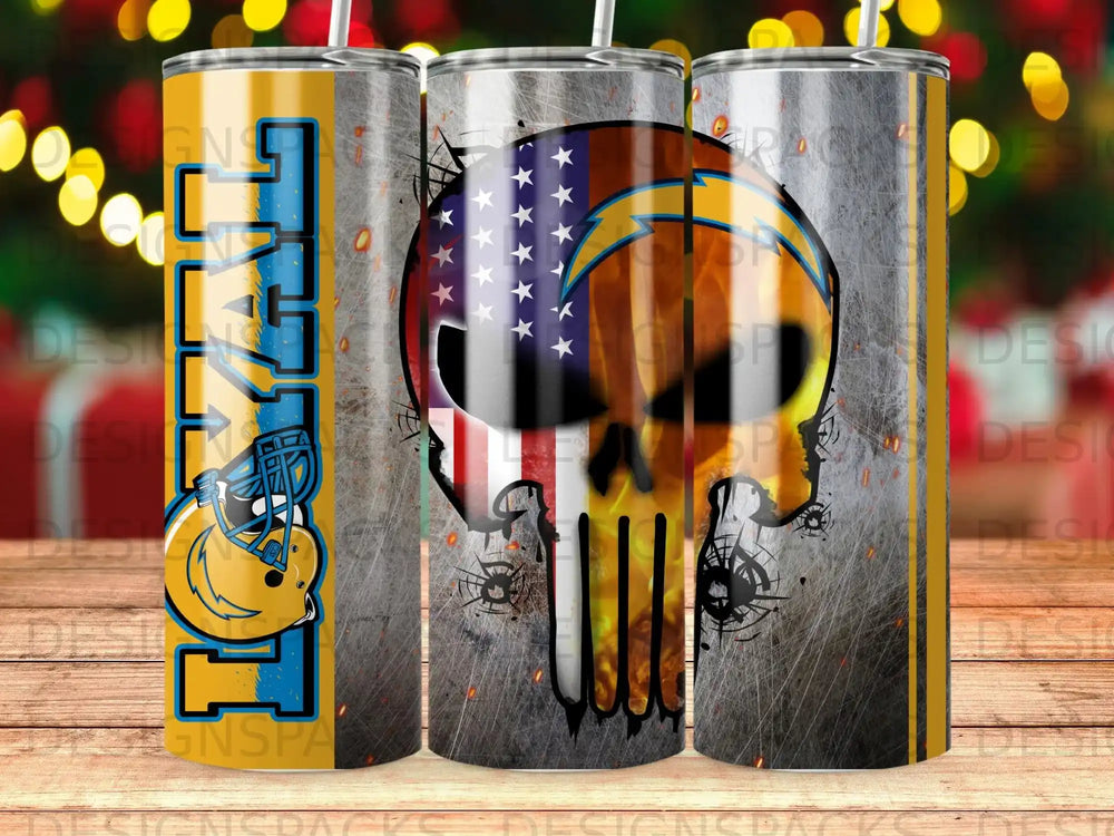 Los Angeles Chargers skull with US flag and lightning bolt design on a tumbler.