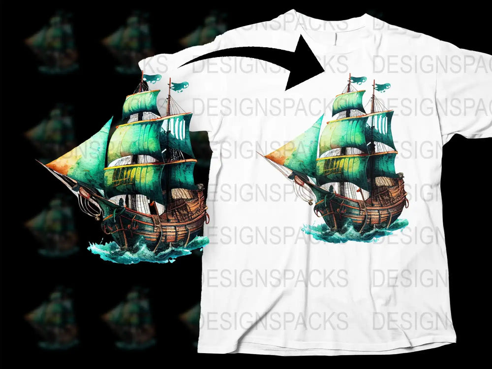 Vintage Pirate Ship T-Shirt, Nautical Graphic Tee, Ocean Waves, Sailing Artwork Print, Unisex Clothing