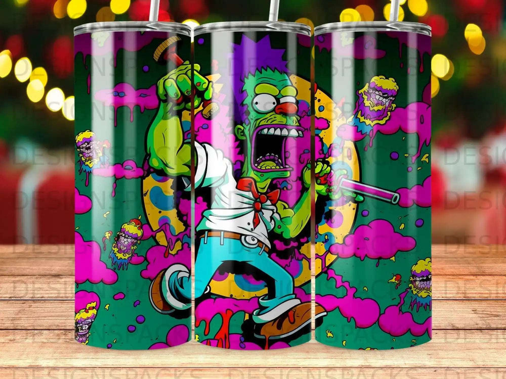 Homer Simpson screaming with a donut and a pistol, on a colorful splatter background.
