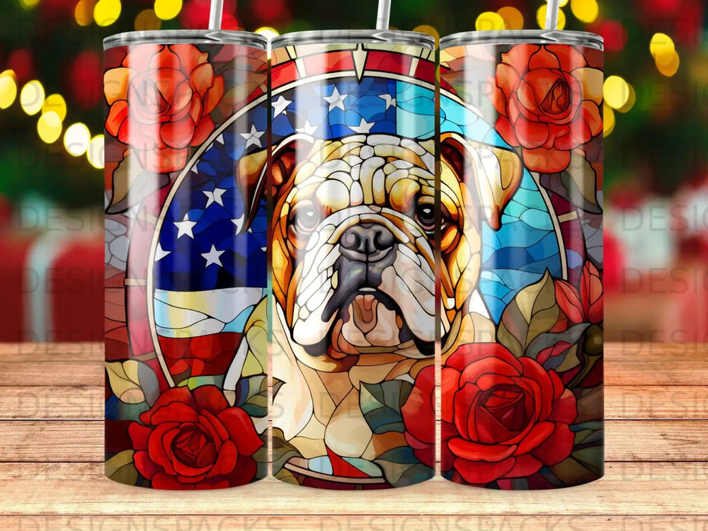 Bulldog in stained glass style with American flag and red roses.