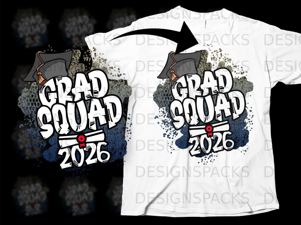 Grad Squad 2026 graphic with graduation cap and diploma on a white t-shirt.