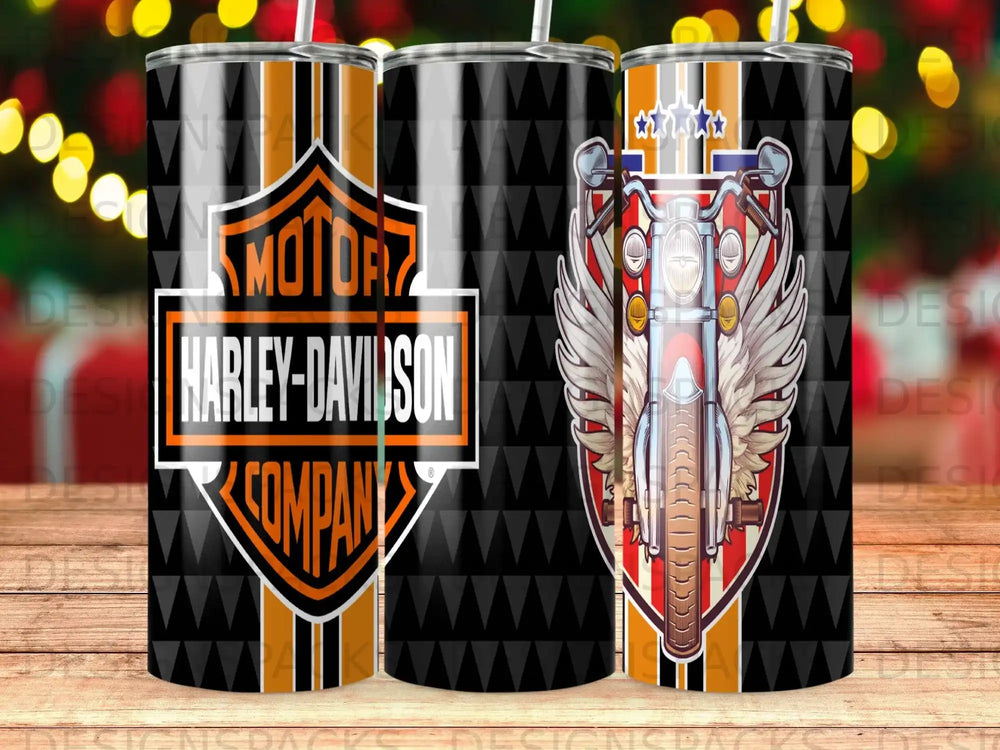 Harley-Davidson motorcycle with wings logo on tumbler.