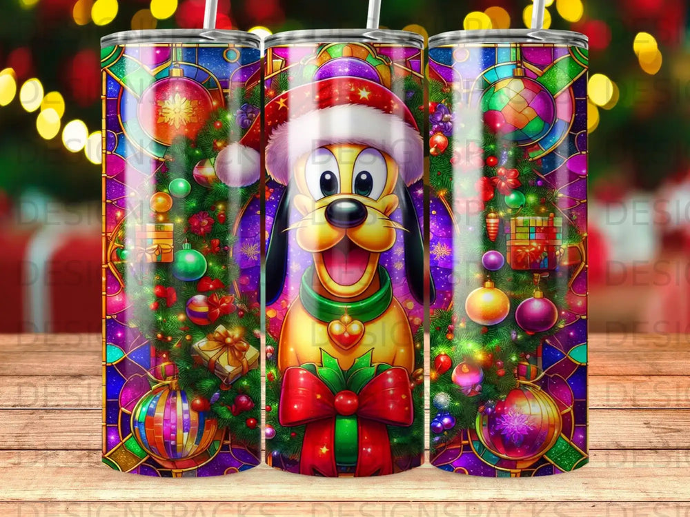 Pluto in a Santa hat with a festive holiday design of ornaments and gifts.