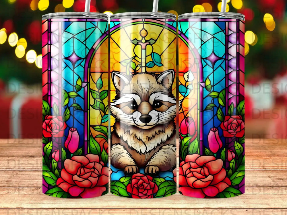 Raccoon surrounded by stained glass window and red roses.