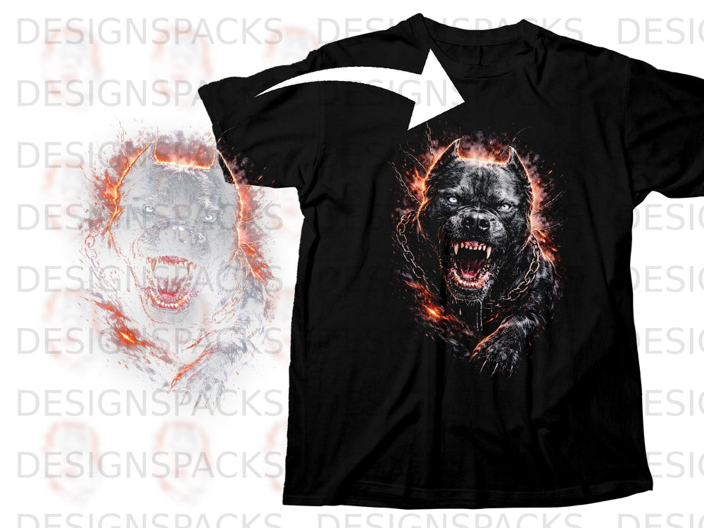 Black t-shirt featuring an aggressive pit bull with chains and fiery effects.