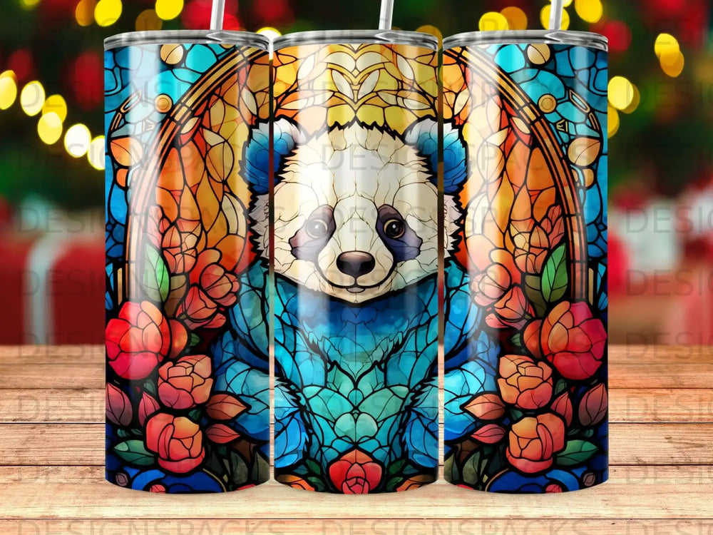 Stained glass panda surrounded by vibrant floral patterns on a tumbler.