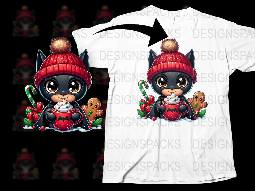 Cute Christmas Raccoon T-Shirt, Winter Holiday Graphic Tee, Kids and Adults Sizes, Festive Animal Print Shirt with Pom Pom Hat