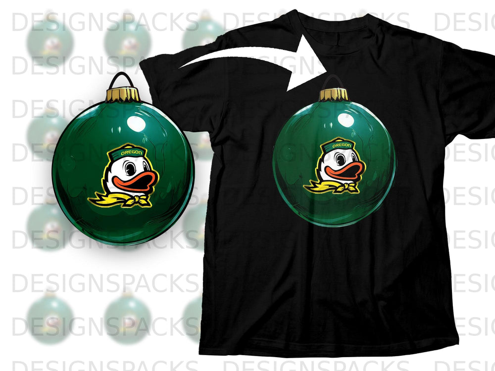 Oregon Ducks mascot on a green Christmas ornament on a black t-shirt.