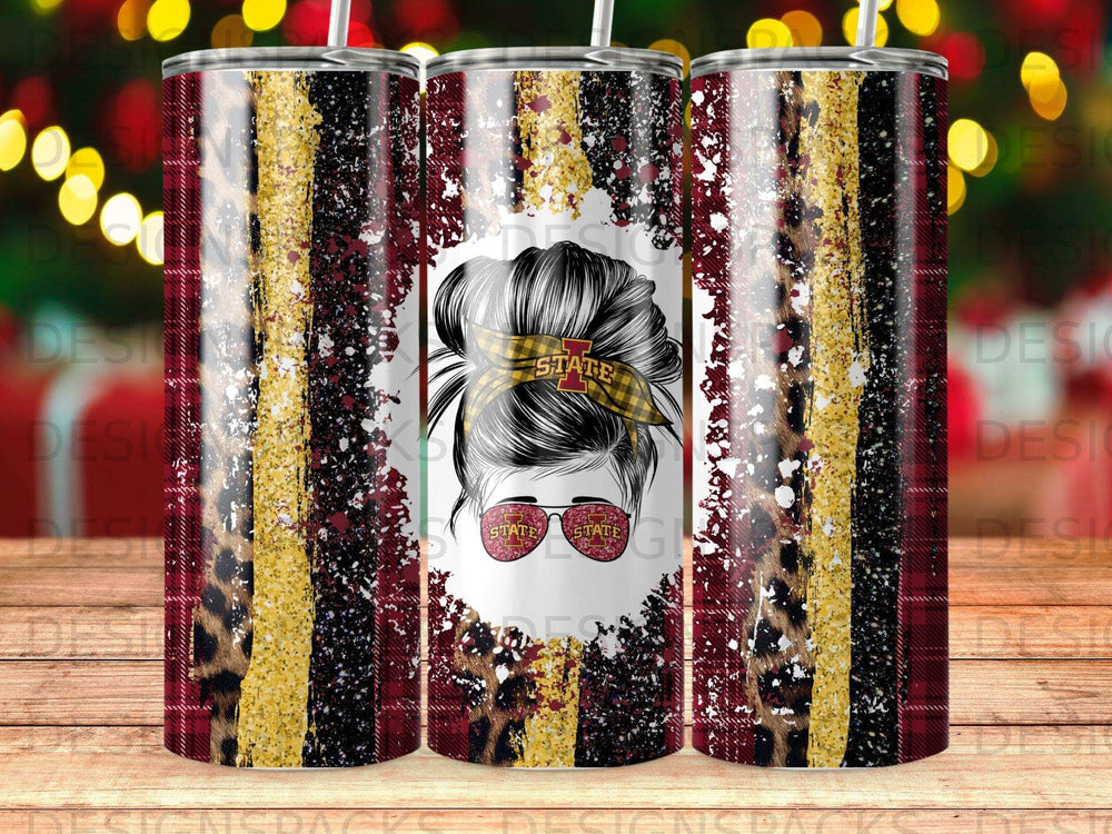 Tumbler with messy bun silhouette, leopard print, and plaid design.